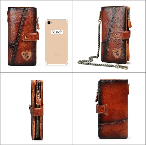 Vista 4 de Handadsume Genuino caballo loco cuero viaje regalo moneda bolsillo tarjeta caso largo organizador cadena Rfid monedero con broche para hombres
