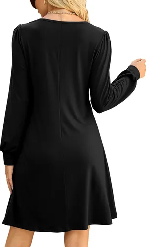 Vista 4 de Aloodor Vestido de otoño para mujer manga larga abombada cuello redondo vestidos casuales