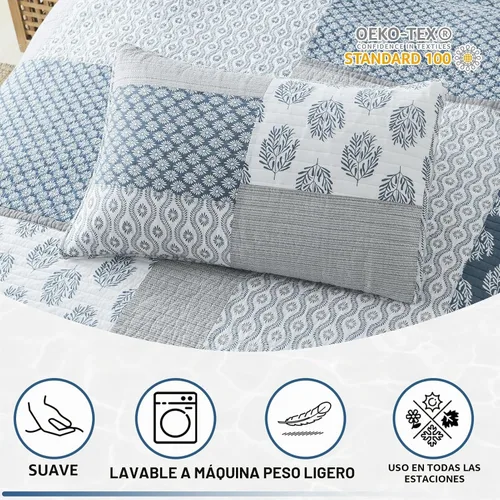 Vista 8 de KALOOLA - Juego de ropa de cama con colcha acolchada de retazos tamaño queen, 100% algodón, colcha ligera con 2 fundas de almohada, colcha Azul