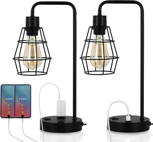 Vista 7 de BTY Juego de 2 lámparas de mesa USB Edison con puertos de carga USB duales y 2 clavijas de salida de CA, jaula de alambre de metal, lámpara de mesa