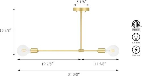 Vista 4 de XiNBEi Lighting Lámpara de techo semiempotrada de latón moderna Sputnik de 2 luces, lámpara de techo industrial para dormitorio, comedor, pasillo