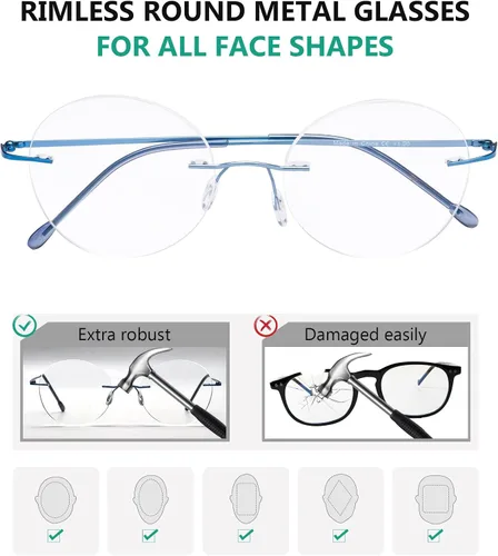 Vista 4 de Eyekepper Paquete de 3 lentes de lectura redondos de metal sin montura para mujeres y hombres, lectores circulares sin marco (azul/rojo/púrpura) +
