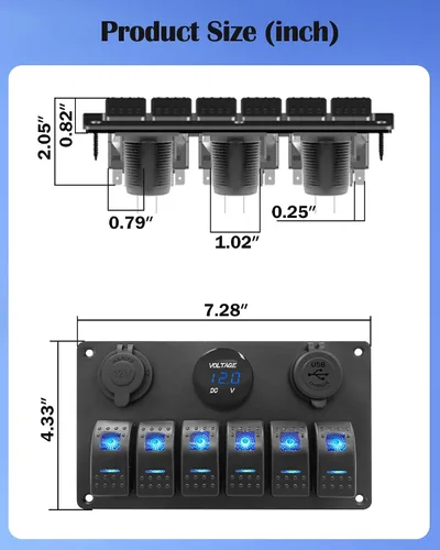 Vista 4 de THALASSA Interruptor basculante de barco marino, panel de aluminio impermeable con interruptores LED azules de 6 posiciones, salida USB dual de 3.1