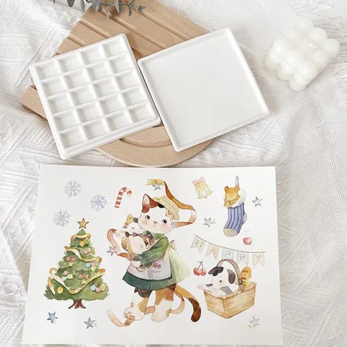 Vista 4 de 20 Wells Paleta de pintura de porcelana con cubierta de cerámica bandeja de mezcla para pintar acuarela, gouache mezcla de colores, paleta