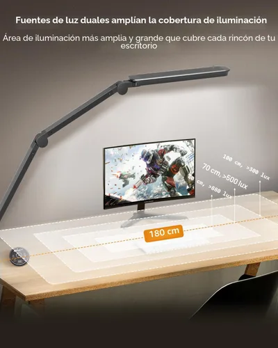 Vista 2 de Lámpara de escritorio LED con abrazadera, lámpara de escritorio de arquitecto con control remoto, luz de escritorio de brazo oscilante flexible
