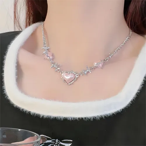 Vista 5 de Stainless Steel Necklace for Women - Barbed Wire Necklacen Thorn Pink Heart Choker Necklace for Teen Girls Preppy Jewelry