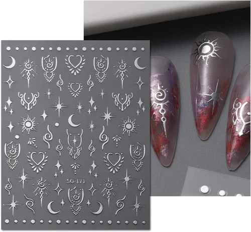 Vista 6 de Calcomanías de uñas de estrella de luna, calcomanías de arte autoadhesivas 3D, calcomanías de diseño de estrellas y sol, suministros de oro láser