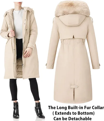 Vista 4 de RISISSIDA Women Winter Puffer Coat,Long Parka,Fur Trim Hood Beige