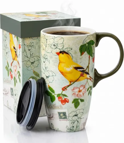 Vista 10 de Taza de viaje de cerámica de 17 onzas con tapa y caja de regalo, taza de café cardenal de arte popular, taza de té de porcelana de pájaro