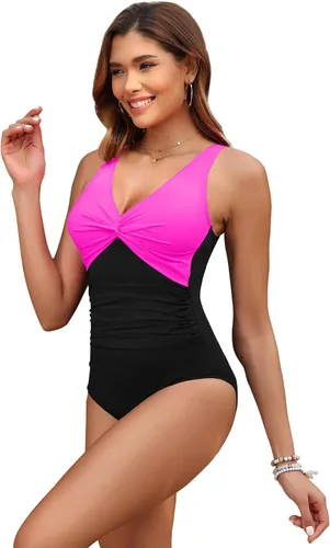 Vista 8 de Traje de baño de una pieza con control de abdomen para mujer Rosado intenso y negro