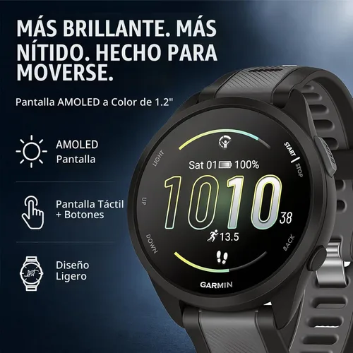 Vista 3 de Garmin 010-02863-20 Forerunner 165 - Reloj deportivo inteligente, color negro + gris pizarra con base de carga Deco Essentials, 3 cubiertas