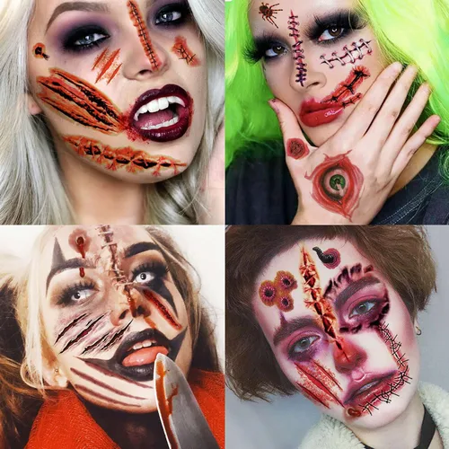 Vista 6 de Billzar - Juego de 138 piezas de tatuajes de cicatrices falsas de Halloween para hombres, adultos, mujeres y niños, kit de maquillaje de zombi, 18