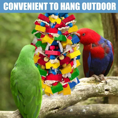 Vista 10 de Juguetes de loros para pájaros grandes, bloques de madera multicolor para masticar, jaula de loro, juguete para mordeduras para guacamayos