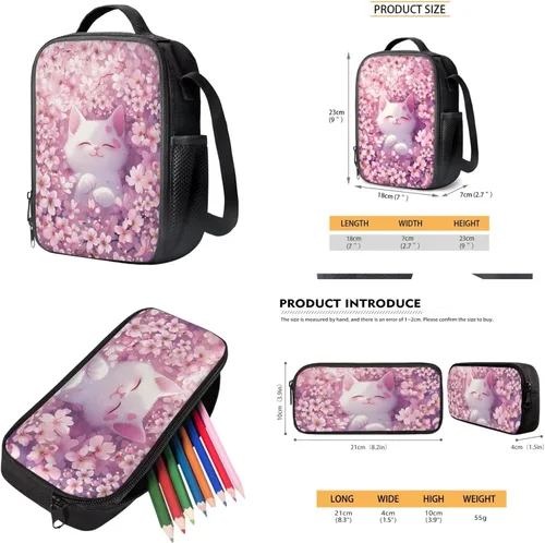 Vista 4 de Talayituse Paquete de 5 mochilas con estampado de flor de cerezo de gato, para niñas, mochila escolar informal con lonchera, estuche para lápices