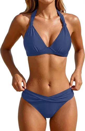 Vista 11 de Yonique Traje de baño de dos piezas para mujer, conjunto de bikini push up, traje de baño halter, traje de baño vintage Verde Aqua
