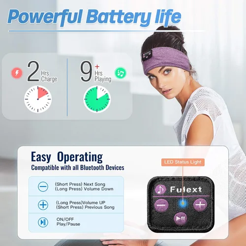Vista 4 de Auriculares deportivos Bluetooth para dormir, diadema deportiva inalámbrica con altavoces estéreo HD ultrafinos perfectos para entrenamiento Púrpura