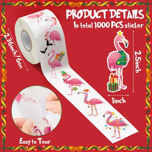 Vista 2 de 1000 calcomanías de flamenco de Navidad en 2 rollos con 16 patrones, bonitos calcomanías autoadhesivas de flamenco rosa para manualidades