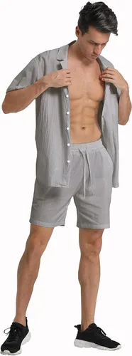 Vista 4 de RPOVIG Conjunto corto de camisa de lino conjunto casual de 2 piezas con botones para hombre