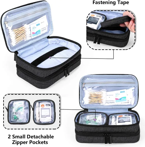 Vista 2 de Yarwo Maletín de viaje con 4 paquetes de hielo, organizador de suministros para diabéticos de doble capa para bolígrafos de insulina, monitores