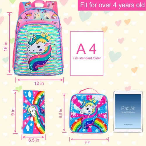Vista 4 de 3 mochilas infantiles para niñas, 16 pulgadas, preescolar y lonchera - Unicorniosirenaflamenco