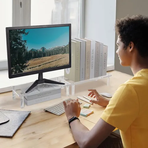 Vista 8 de Sumerflos Soporte de acrílico transparente para computadora portátil, resistente y ahorra espacio, soporte elevador para monitor de computadora