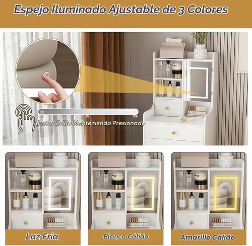 Vista 3 de Runboll - Mesa de Tocador Compacta con Taburete de Almacenamiento y Espejo Iluminado Ajustable, Escritorio de Maquillaje Pequeño 3-en-1 con 4