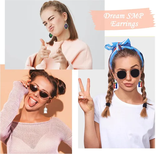 Vista 4 de Laffact 3 pares de aretes de Pascua SMP con la bandera de L'Manberg, aretes acrílicos para mujeres y niñas, lindo colgante de figura de anime
