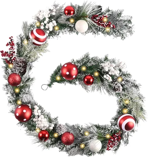Vista 7 de Valery Madelyn - Guirnalda de Navidad de 1.8 m preiluminada con luces para repisa, guirnalda iluminada de Navidad para exteriores con bolas rojas