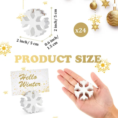 Vista 2 de Kigley 24 portatarjetas de Navidad con diseño de copo de nieve de 2.17 pulgadas, soporte de números de mesa de madera de Navidad con copo de nieve