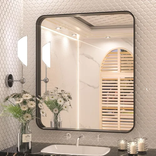 Vista 43 de Espejo de marco dorado cepillado de 16 x 24 pulgadas, espejo de tocador de baño de latón dorado para pared, espejo enmarcado rectangular de esquina