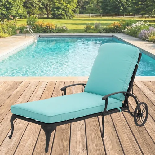 Vista 9 de Chaise Lounge - Silla de patio con ruedas, ajustable, reclinable, resistente al óxido, de aluminio fundido junto a la piscina, cojín beige