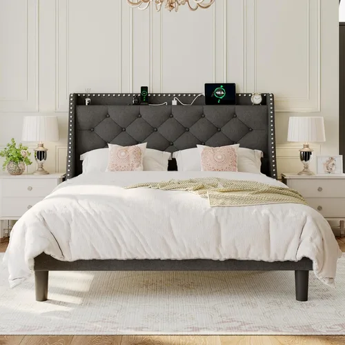 Vista 8 de Einhomn Base de cama de tamaño matrimonial con cabecera de almacenamiento copetuda con botones en la parte trasera y puertos tipo CA, plataforma