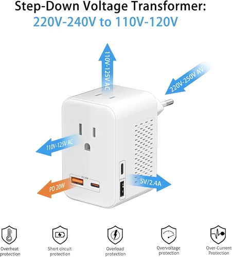 Vista 2 de Adaptador de enchufe de conversión de voltaje de 220V a 110V para viajar de Estados Unidos a Europa con 2 puertos USB y 2 puertos USBC PD 20 W, 2