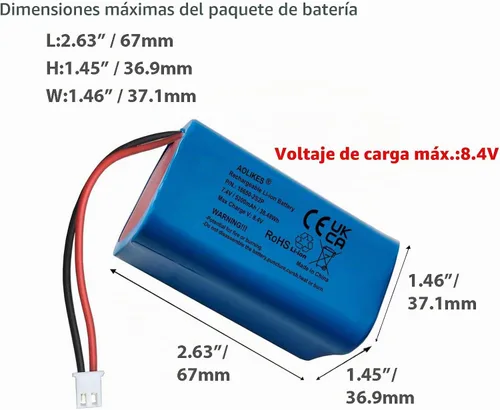 Vista 2 de AOLIKES Batería de iones de litio de 7.4 V 5200 mAh, batería recargable con enchufe XH2.54-2Pin, baterías de bricolaje 18650 2S2P Li-ion