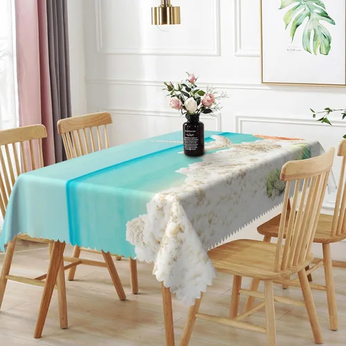 Vista 28 de Mantel oblongo, diseño de playa de 52 x 70 pulgadas, diseño de playa con estrellas de mar y olas de mar, con decoración impermeable y resistente a