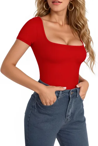 Vista 152 de MANGOPOP - Body de manga corta con cuello cuadrado para mujer