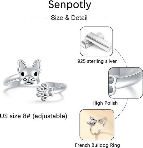 Vista 5 de Senpotly Anillo de plata de ley 925 con diseño de perro francés para mujer, ajustable, con diseño de pata de cachorro, para adolescentes y niñas