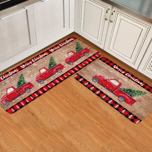 Vista 8 de Juego de 2 alfombras de cocina con camión rojo, árbol de Navidad rojo sobre tablero de madera retro, antideslizante, cómodo, tapete de pie