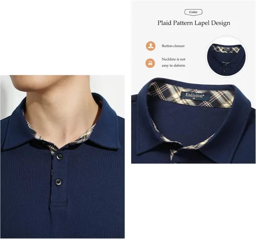 Vista 4 de Long Sleeve Polo Shirts for Men Slim Fit Mens Cotton Polo T Shirts Casual Plaid Collar Shirt Long Sleeve Golf Polos