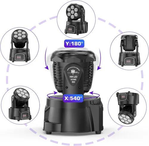 Vista 4 de U`King Luz de cabeza móvil RGBW LED Efecto de iluminación de escenario, 7 x 10 W, cabezales móviles, luces de lavado por DMX y control remoto