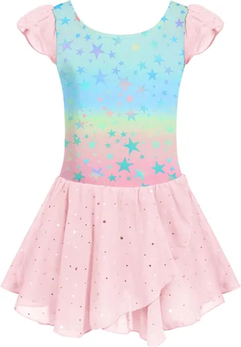 Vista 15 de Arshiner - Vestido de baile de ballet con mangas con volantes, leotardo de tutú con ruedo para niñas Lila