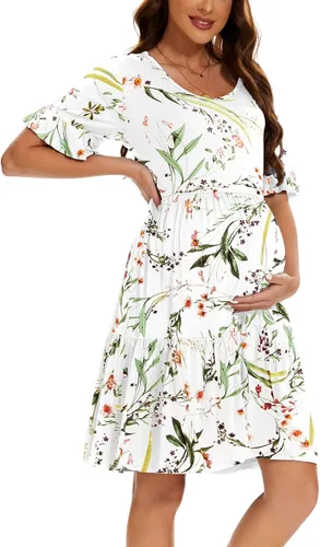 Vista 4 de Smallshow Vestido de maternidad para mujer, con volantes, manga corta, ropa de embarazo de verano Verde militar