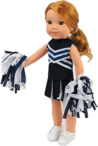 Vista 2 de American Fashion World Traje de animadora azul marino para muñecas de 14 pulgadas Pompones incluidos Calidad premium y diseño moderno Ropa