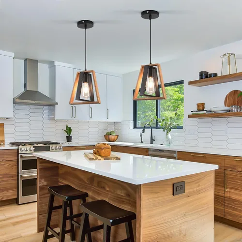 Vista 25 de Lámpara colgante estilo granja, luces colgantes negras para isla de cocina, luz colgante de metal industrial y madera vintage, lámpara de techo