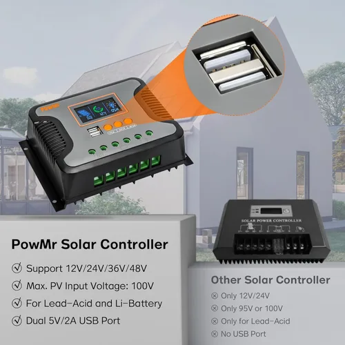 Vista 7 de PowMr controlador de carga solar PWM de 30A, 12V 24V 36V 48V Auto, pantalla LCD y salida USB dual, apto para baterías AGM, Gel, FLD, de plomo-ácido