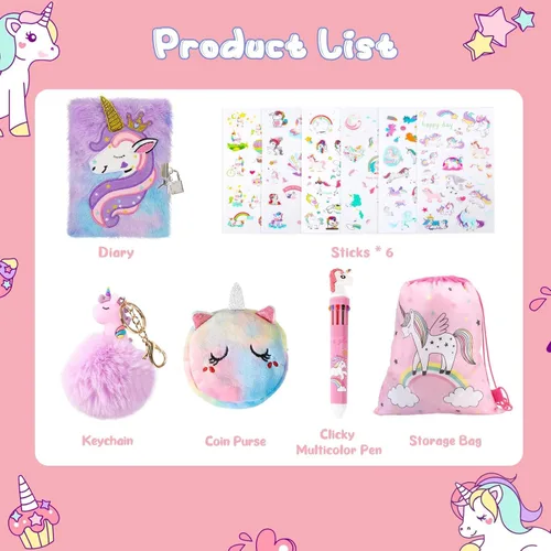 Vista 2 de homicozy Diario de unicornio para niños con cerradura y llave, diario difuso de teñido anudado para niñas de 6 años en adelante, cuaderno de tapa