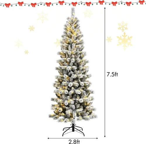 Vista 4 de DORTALA Árbol de Navidad artificial delgado preiluminado de 7.5 pies con copos de nieve, 693 puntas de rama, 300 luces LED blancas cálidas