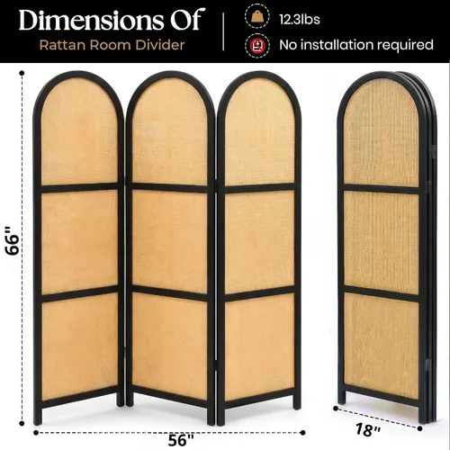 Vista 2 de ELK & ELDER Divisor de habitación de 3 paneles Pantalla de privacidad plegable con marcos de madera oscura arqueada y paneles tejidos claros