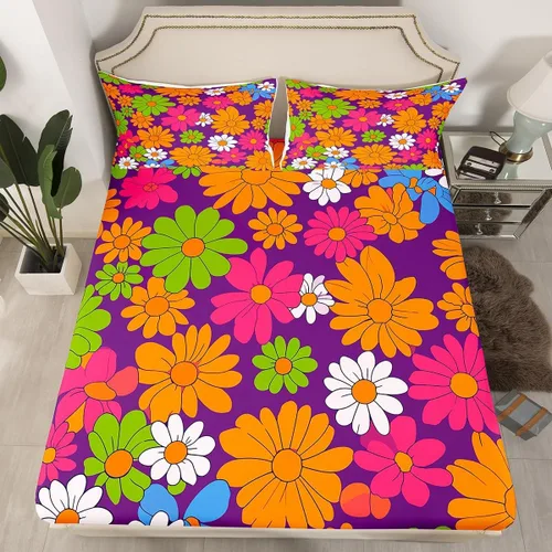 Vista 18 de Juego de ropa de cama con diseño floral bohemio, tamaño individual, diseño retro de flores groovy, 60S y 70S, diseño de flores hippie para niños
