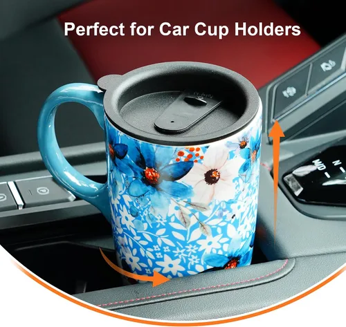 Vista 7 de Topadorn Taza de Cerámica para Café de Porcelana Latte Taza de Té con Tapa en Caja de Regalo 17oz, Flores Azules